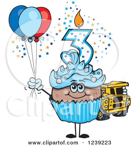 Clipart of a Blue Boys African Third Birthday Cupcake with a Toy Truck and Balloons - Royalty Free Vector Illustration by Dennis Holmes Designs