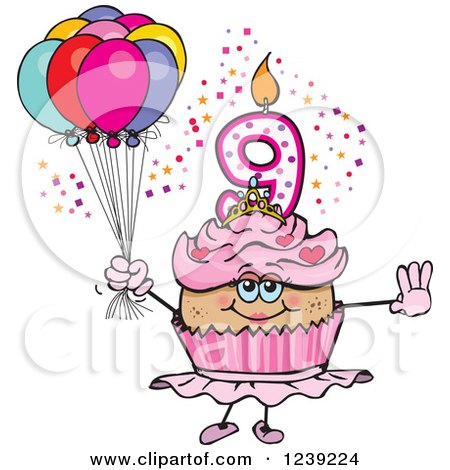 Clipart of a Pink Girls Latina Ninth Birthday Ballerina Cupcake with Balloons - Royalty Free Vector Illustration by Dennis Holmes Designs