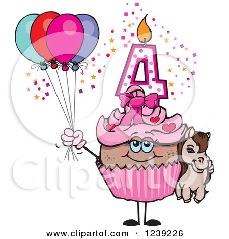 Clipart of a Pink Girls African Fourth Birthday Cupcake with a Pony and Balloons - Royalty Free Vector Illustration by Dennis Holmes Designs
