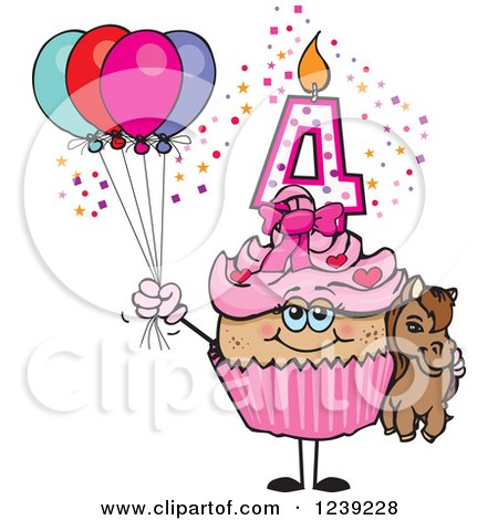 Clipart of a Pink Girls Latina Fourth Birthday Cupcake with a Pony and Balloons - Royalty Free Vector Illustration by Dennis Holmes Designs