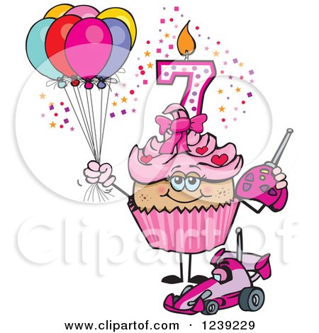 Clipart of a Pink Girls Latina Seventh Birthday Cupcake with a Remote Control Car and Balloons - Royalty Free Vector Illustration by Dennis Holmes Designs