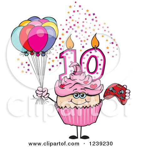 Clipart of a Pink Girls Asian Tenth Birthday Cupcake with a Video Game Controller and Balloons - Royalty Free Vector Illustration by Dennis Holmes Designs