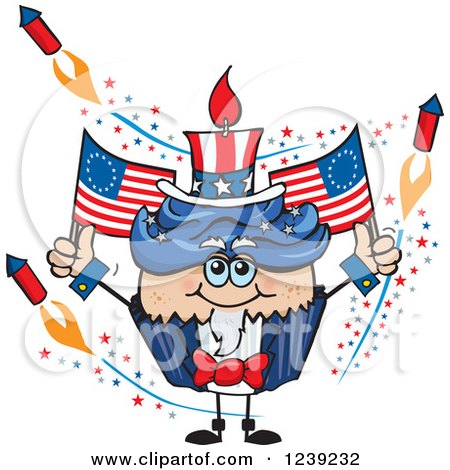 Clipart of a Patriotic American Uncle Sam Cupcake with Fireworks and Flags - Royalty Free Vector Illustration by Dennis Holmes Designs
