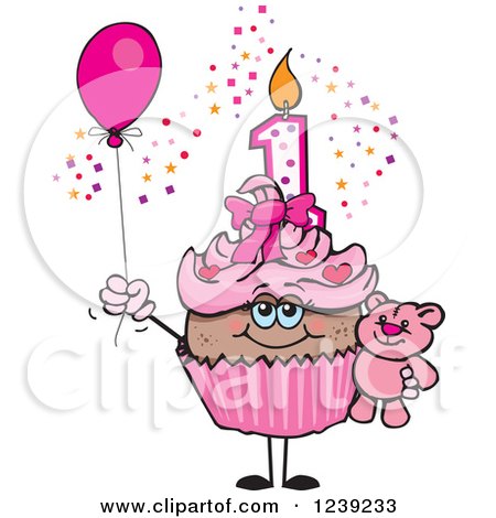 Clipart of a Pink Girls African First Birthday Cupcake with a Teddy Bear and Balloon - Royalty Free Vector Illustration by Dennis Holmes Designs