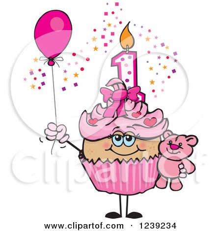Clipart of a Pink Girls Latina First Birthday Cupcake with a Teddy Bear and Balloon - Royalty Free Vector Illustration by Dennis Holmes Designs