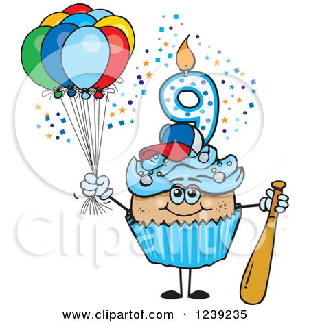 Clipart of a Blue Boys Latino Ninth Birthday Cupcake with a Baseball Bat and Balloons - Royalty Free Vector Illustration by Dennis Holmes Designs