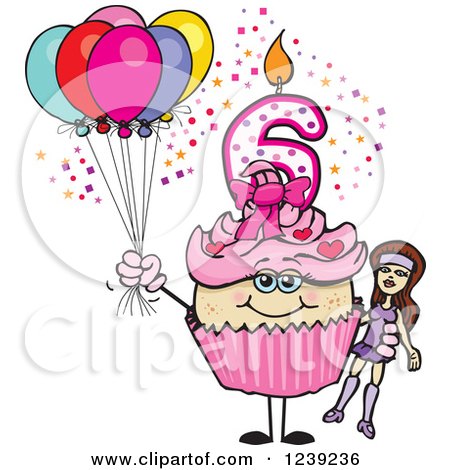 Clipart of a Pink Girls Asian Sixth Birthday Cupcake with a Doll and Balloons - Royalty Free Vector Illustration by Dennis Holmes Designs