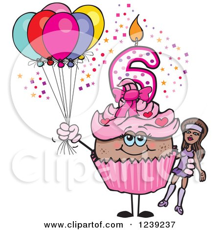 Clipart of a Pink Girls African Sixth Birthday Cupcake with a Doll and Balloons - Royalty Free Vector Illustration by Dennis Holmes Designs