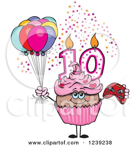 Clipart of a Pink Girls African Tenth Birthday Cupcake with a Video Game Controller and Balloons - Royalty Free Vector Illustration by Dennis Holmes Designs