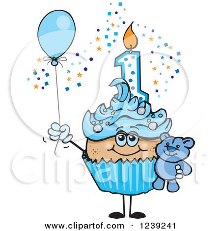 Clipart of a Blue Boys Hispanic First Birthday Cupcake with a Teddy Bear and Balloon - Royalty Free Vector Illustration by Dennis Holmes Designs