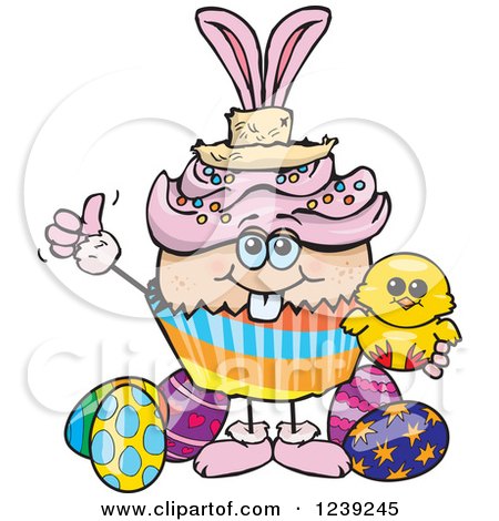 Clipart of a Caucasian Easter Bunny Cupcake with a Chick and Eggs - Royalty Free Vector Illustration by Dennis Holmes Designs