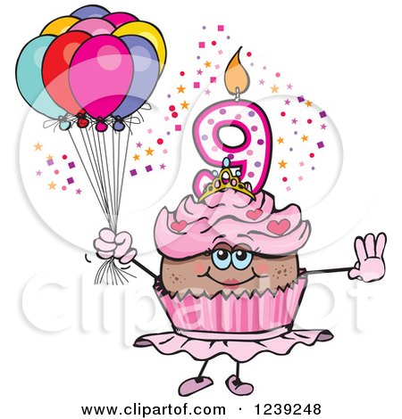Clipart of a Pink Girls African Ninth Birthday Ballerina Cupcake with Balloons - Royalty Free Vector Illustration by Dennis Holmes Designs