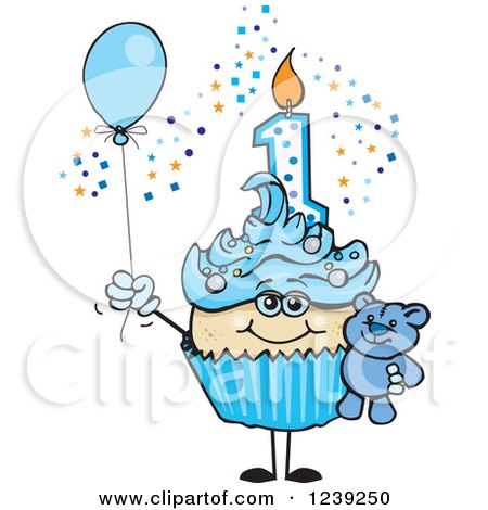 Clipart of a Blue Boys Asian First Birthday Cupcake with a Teddy Bear and Balloon - Royalty Free Vector Illustration by Dennis Holmes Designs