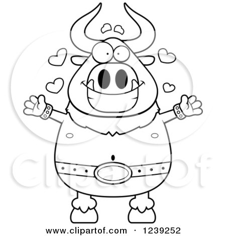 Clipart of a Black and WhiteMinotaur Bull Man with Open Arms and Hearts - Royalty Free Vector Illustration by Cory Thoman