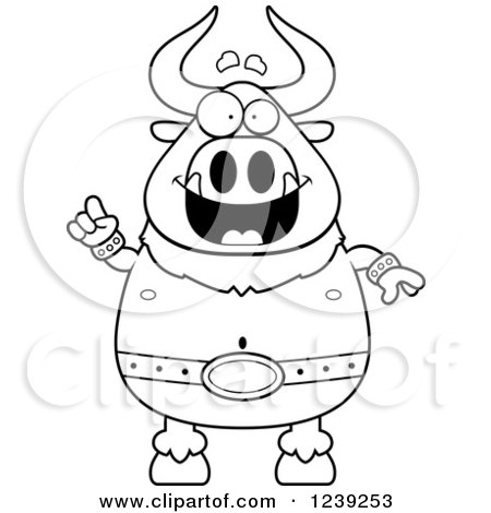 Clipart of a Black and WhiteSmart Minotaur Bull Man with an Idea - Royalty Free Vector Illustration by Cory Thoman