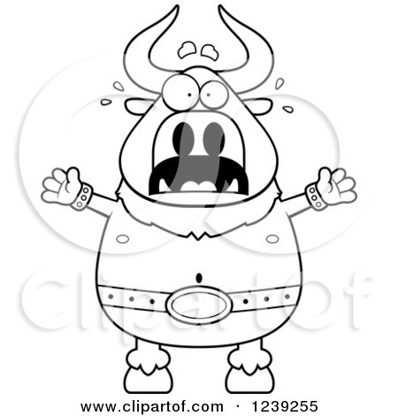 Clipart of a Black and WhiteScared Screaming Minotaur Bull Man - Royalty Free Vector Illustration by Cory Thoman