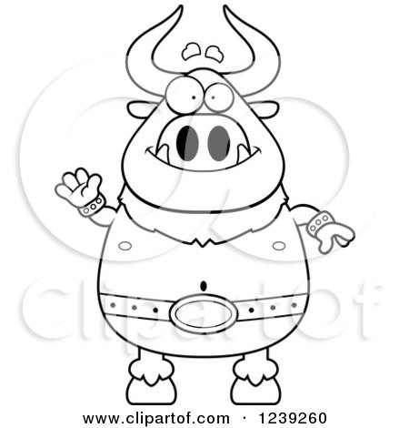 Clipart of a Black and WhiteFriendly Waving Minotaur Bull Man - Royalty Free Vector Illustration by Cory Thoman