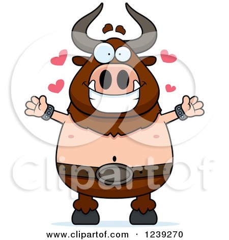 Clipart of a Minotaur Bull Man with Open Arms and Hearts - Royalty Free Vector Illustration by Cory Thoman