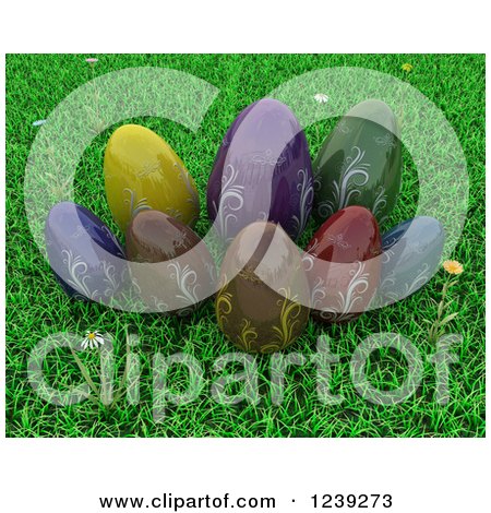 Clipart of 3d Colorful Chocolate Easter Eggs on Grass - Royalty Free CGI Illustration by KJ Pargeter