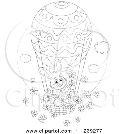 Clipart of a Black and White Easter Bunny Rabbit on an Egg Hot Air Balloon, with Flowers - Royalty Free Vector Illustration by Alex Bannykh