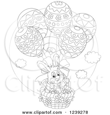 Clipart of a Black and White Easter Bunny in an Egg Hot Air Balloon Basket - Royalty Free Vector Illustration by Alex Bannykh