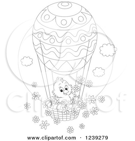 Clipart of a Black and White Easter Chick on an Egg Hot Air Balloon, with Flowers - Royalty Free Vector Illustration by Alex Bannykh