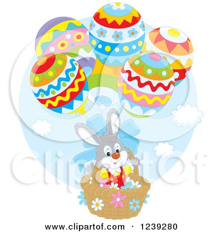 Clipart of a Gray Easter Bunny Rabbit in an Egg Hot Air Balloon Basket - Royalty Free Vector Illustration by Alex Bannykh