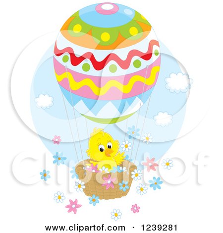 Clipart of a Cute Easter Chick on an Egg Hot Air Balloon, with Flowers - Royalty Free Vector Illustration by Alex Bannykh