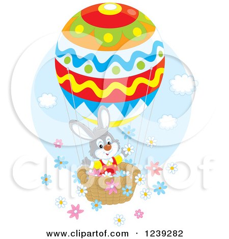 Clipart of a Gray Easter Bunny Rabbit on an Egg Hot Air Balloon, with Flowers - Royalty Free Vector Illustration by Alex Bannykh