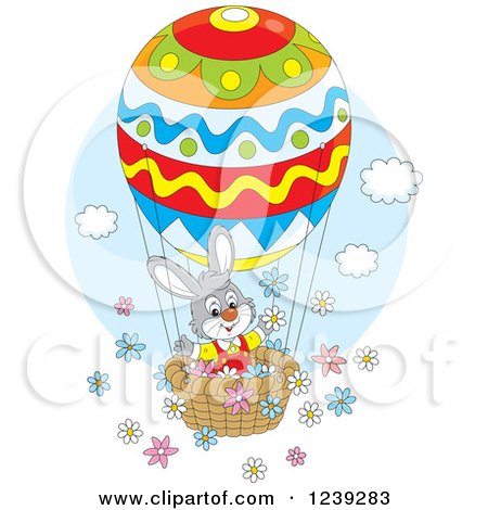 Clipart of a Gray Easter Bunny on an Egg Hot Air Balloon, with Flowers - Royalty Free Vector Illustration by Alex Bannykh
