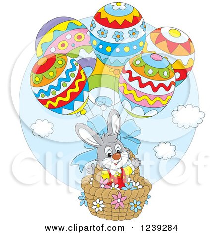 Clipart of a Gray Easter Bunny in an Egg Hot Air Balloon Basket - Royalty Free Vector Illustration by Alex Bannykh