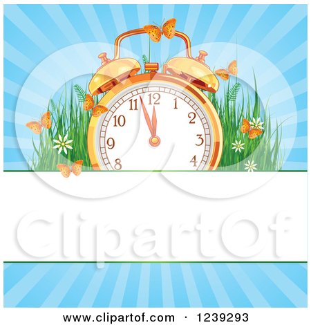 Clipart of a Summer Time Alarm Clock with Butterflies Grasses and Sunshine over a Banner - Royalty Free Vector Illustration by Pushkin
