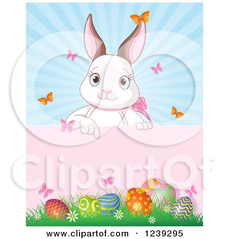 Clipart of a Cute White Easter Bunny Pointing down to a Sign over Eggs and Sunshine - Royalty Free Vector Illustration by Pushkin