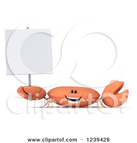Clipart of a 3d Happy Orange Crab Holding up a Blank Sign - Royalty Free Illustration by Julos