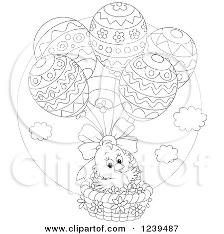 Clipart of a Black and White Easter Chick Floating in an Egg Balloon Basket - Royalty Free Vector Illustration by Alex Bannykh