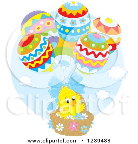 Clipart of a Yellow Easter Chick Floating in an Egg Balloon Basket - Royalty Free Vector Illustration by Alex Bannykh