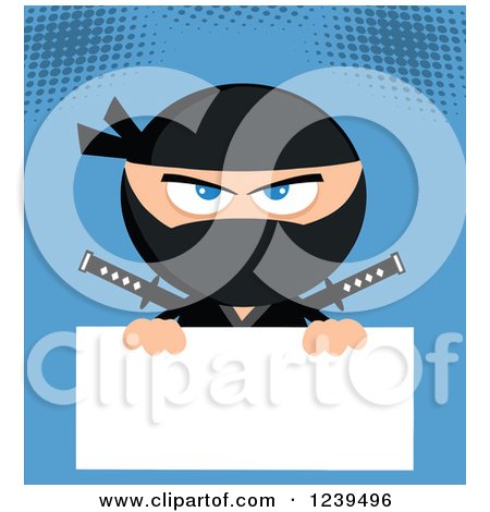 Clipart of a Masked Ninja Warrior over a Blank Sign on Blue - Royalty Free Vector Illustration by Hit Toon