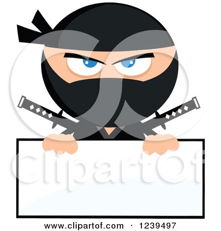 Clipart of a Masked Ninja Warrior over a Blank Sign - Royalty Free Vector Illustration by Hit Toon