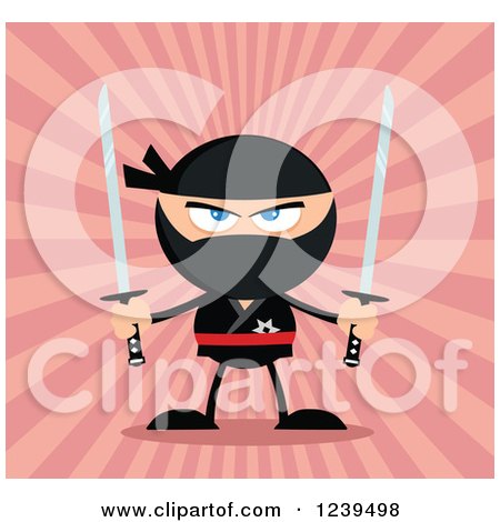 Clipart of a Ninja Warrior Ready to Fight with Two Katana Swords, over Pink Rays - Royalty Free Vector Illustration by Hit Toon