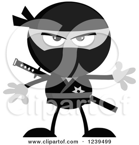 Clipart of a Grayscale Mad Ninja Warrior - Royalty Free Vector Illustration by Hit Toon