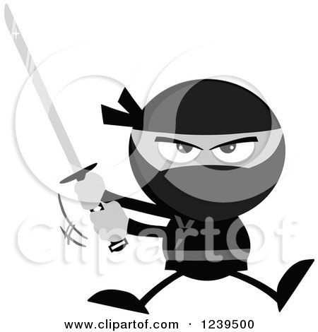 Clipart of a Grayscale Ninja Warrior Jumping and Swinging a Katana Sword - Royalty Free Vector Illustration by Hit Toon