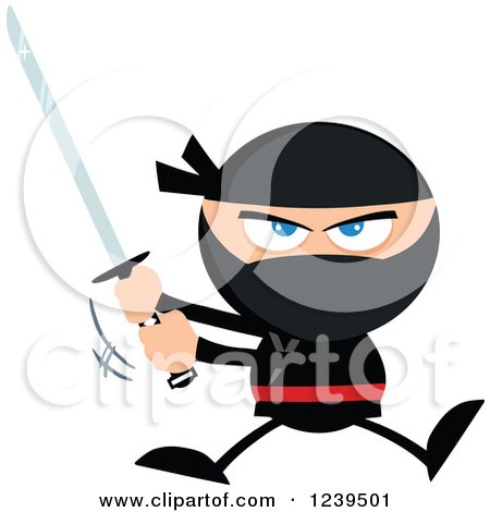 Clipart of a Ninja Warrior Jumping and Swinging a Katana Sword - Royalty Free Vector Illustration by Hit Toon