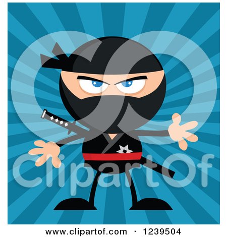 Clipart of a Mad Ninja Warrior over Blue Rays - Royalty Free Vector Illustration by Hit Toon
