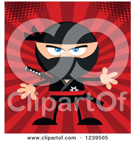 Clipart of a Mad Ninja Warrior over Red Rays - Royalty Free Vector Illustration by Hit Toon