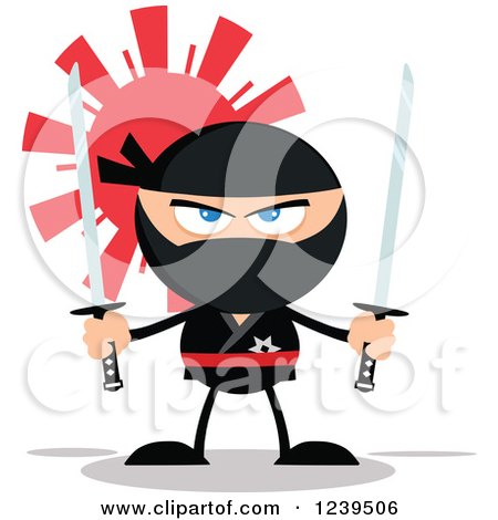 Clipart of a Ninja Warrior Ready to Fight with Two Katana Swords, over a Red Sun - Royalty Free Vector Illustration by Hit Toon