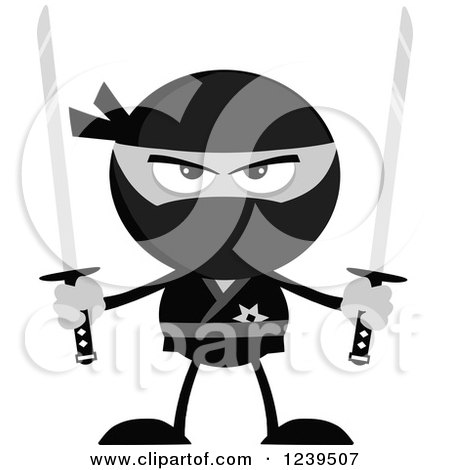 Clipart of a Grayscale Ninja Warrior Ready to Fight with Two Katana Swords - Royalty Free Vector Illustration by Hit Toon