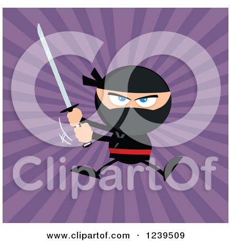 Clipart of a Ninja Warrior Jumping and Swinging a Katana Sword over Purple Rays - Royalty Free Vector Illustration by Hit Toon