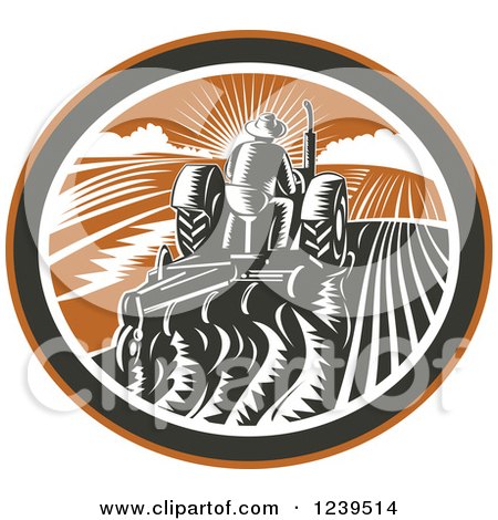 Clipart of a Rear View of a Retro Woodcut Farmer Plowing a Field at Sunset, in an Oval - Royalty Free Vector Illustration by patrimonio