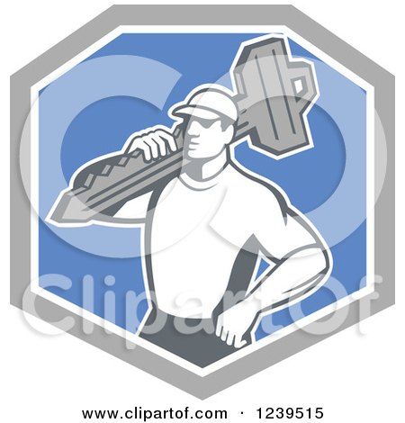Clipart of a Retro Male Locksmith with a Key in a Blue and Gray Shield - Royalty Free Vector Illustration by patrimonio