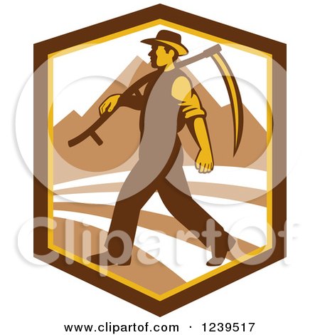 Clipart of a Retro Male Farmer Walking with a Scythe in a Shield with Mountains - Royalty Free Vector Illustration by patrimonio